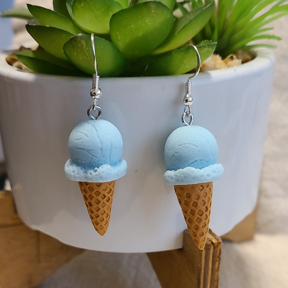 Handcrafted Ice Cream Cone Dangle‎ Earrings - Blue and Brown NEW 2" Ladies/Girls